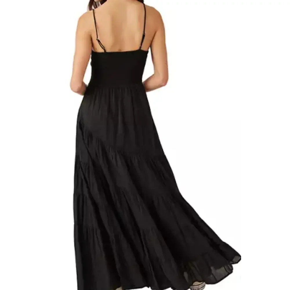 Free People Sundrenched Solid Maxi Dress Tiered Sleeveless Black Smocked  XS